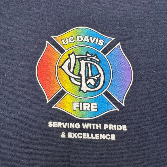 UC Davis Fire Serving with Pride Navy Blue Tee Size Small Mens Unisex Rainbow - Picture 3 of 8